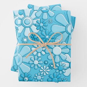 Retro Garden Flowers 60s 70s Floral Pattern Blue Wrapping Paper Sheets