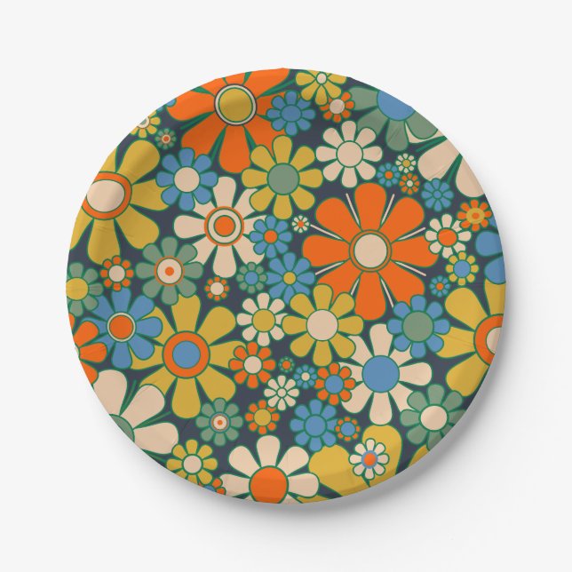 Retro Garden Flowers 60s 70s Floral Pattern Paper Plates (Front)