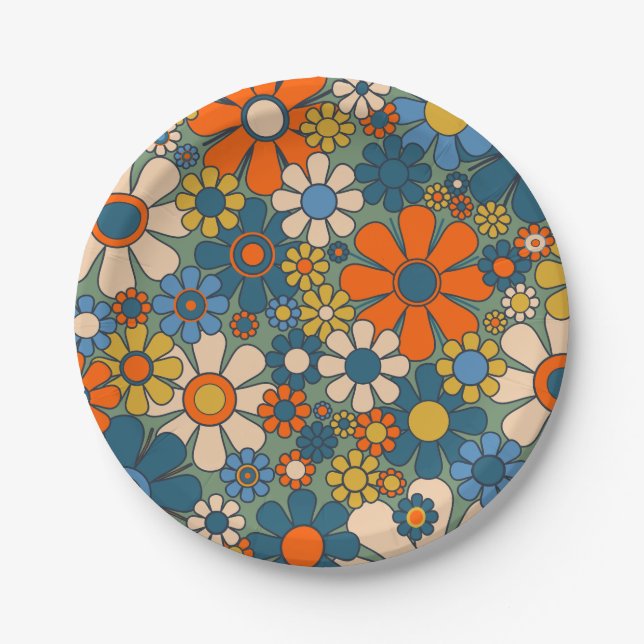 Retro Garden Flowers 60s 70s Floral Pattern Paper Plates (Front)