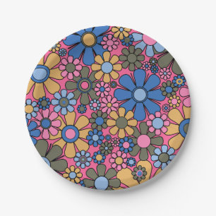Retro Garden Flowers 60s 70s Floral Pattern Paper Plates