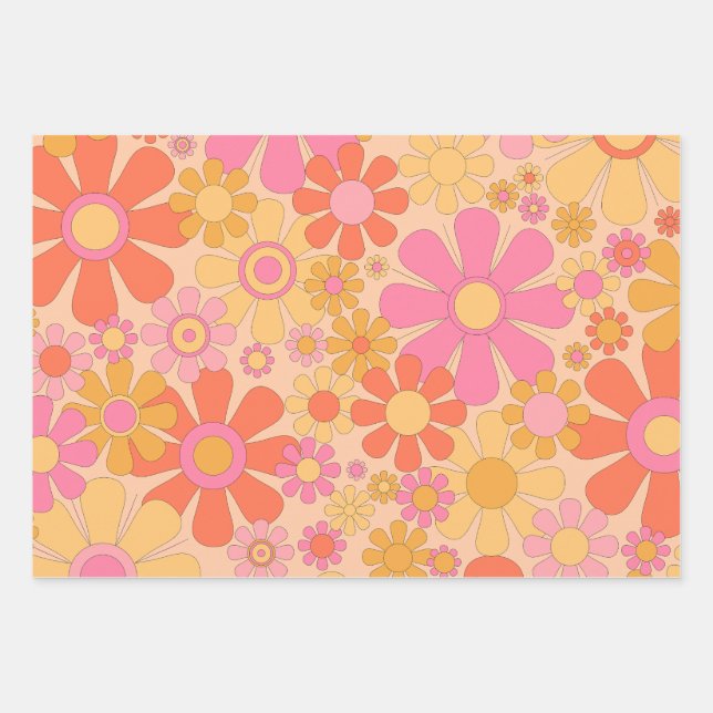 Retro Garden Flowers 60s 70s Floral Pattern Pink Wrapping Paper Sheets (Front)