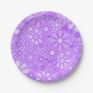 Retro Garden Flowers 60s 70s Floral Pattern Purple Paper Plates