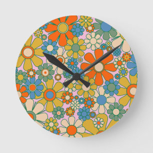 Retro Garden Flowers 60s 70s Floral Pattern Round Clock