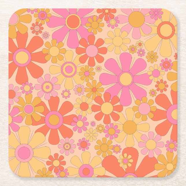 Retro Garden Flowers 60s 70s Floral Pattern Square Paper Coaster (Front)
