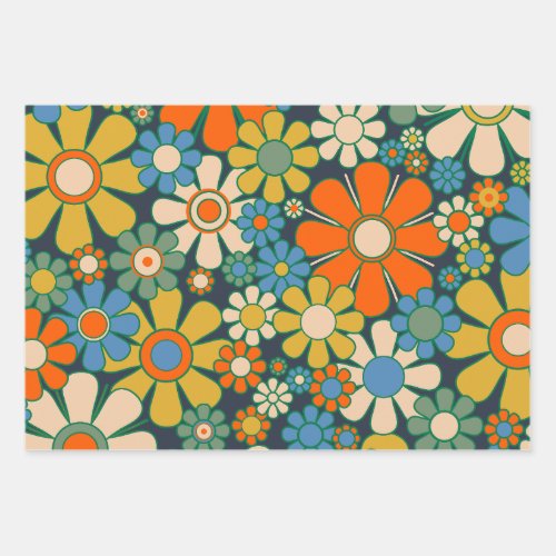Retro Garden Flowers 60s 70s Floral Pattern Wrapping Paper Sheets