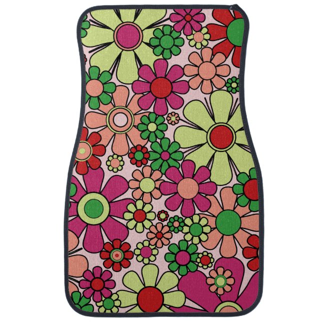 Retro Garden Flowers 60s 70s Fuchsia Pink & Green Car Floor Mat (Front)