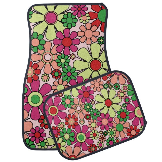 Retro Garden Flowers 60s 70s Fuchsia Pink & Green Car Floor Mat (Set)