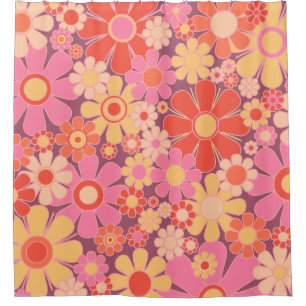 Retro Garden Flowers 60s 70s Pattern Pink Shower Curtain