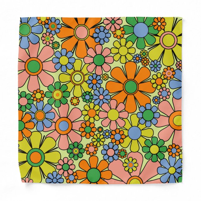 Retro Garden Flowers 60s 70s Spring Floral Pattern Bandana (Front)
