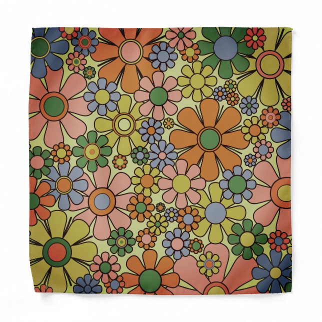 Retro Garden Flowers 60s 70s Spring Floral Pattern Bandana (Front)