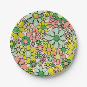 Retro Garden Flowers 60s 70s Spring Floral Pattern Paper Plates