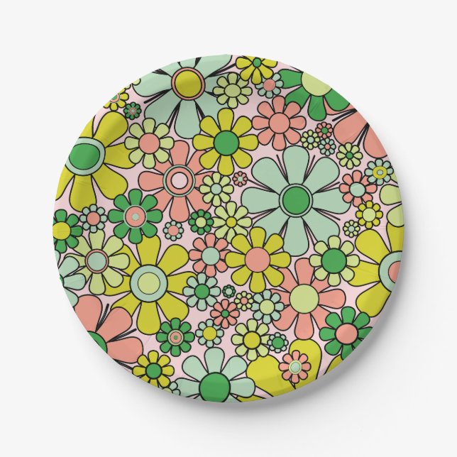 Retro Garden Flowers 60s 70s Spring Floral Pattern Paper Plates (Front)