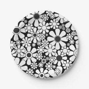 Retro Garden Flowers Black and White Floral Paper Plates