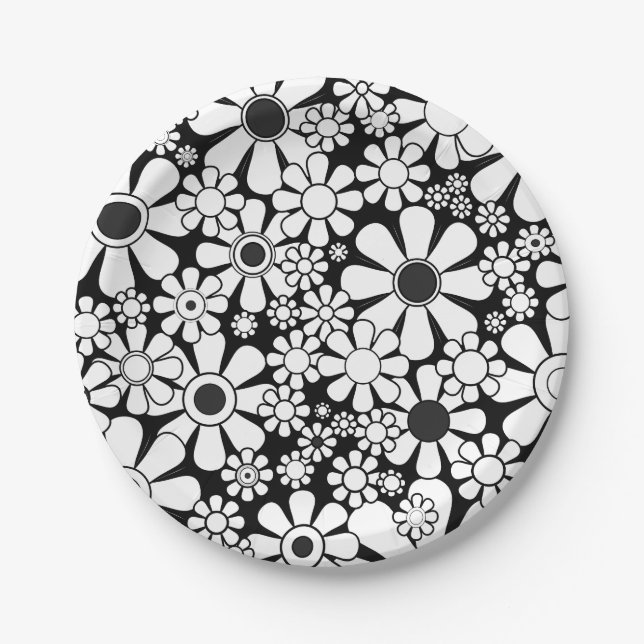 Retro Garden Flowers Black and White Floral  Paper Plates (Front)