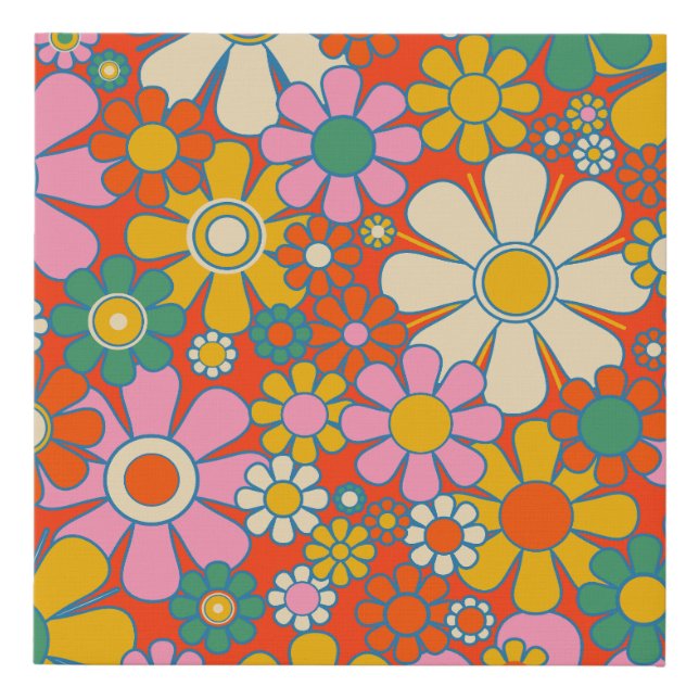  Retro Garden Flowers Colorful 60s 70s Floral Faux Canvas Print (Front)