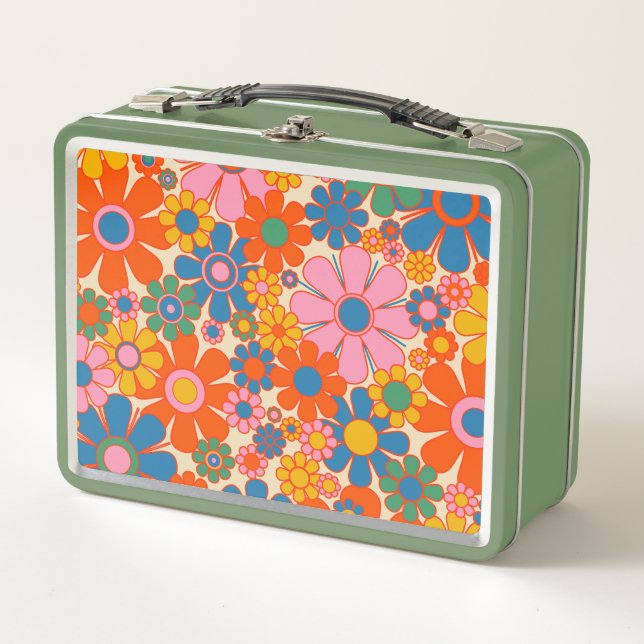 Retro Garden Flowers Colorful 60s 70s Floral Metal Lunch Box (Front)