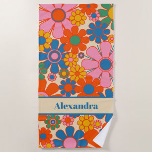 Retro Garden Flowers Colorful 60s 70s Floral Name Beach Towel
