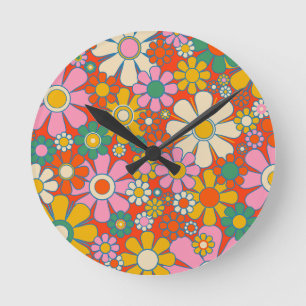 Retro Garden Flowers Colorful 60s 70s Floral Round Clock