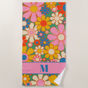 Retro Garden Flowers Colorful Floral Pattern Beach Towel