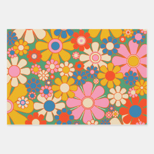 Retro Garden Flowers Colorful Floral Pattern Wrapping Paper Sheets