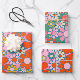 Retro Garden Flowers Colorful Pink 60s Vintage Wrapping Paper Sheets