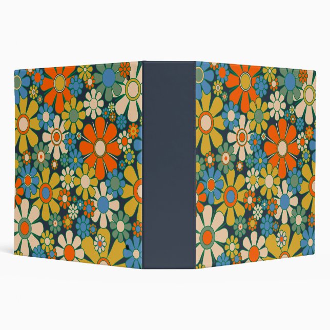 Retro Garden Flowers Floral Pattern Blue Orange 3 Ring Binder (Background)