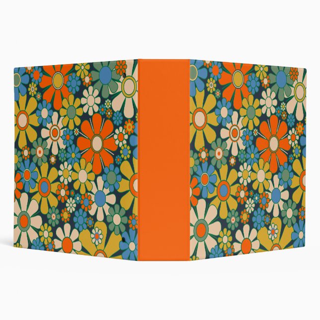 Retro Garden Flowers Floral Pattern Blue Orange 3 Ring Binder (Background)