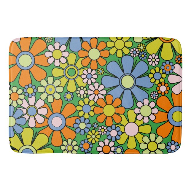 Retro Garden Flowers Groovy 60s 70s Colorful Bath Mat (Front)