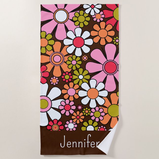 Retro Garden Flowers Groovy 60s 70s Floral Pattern Beach Towel (Front)