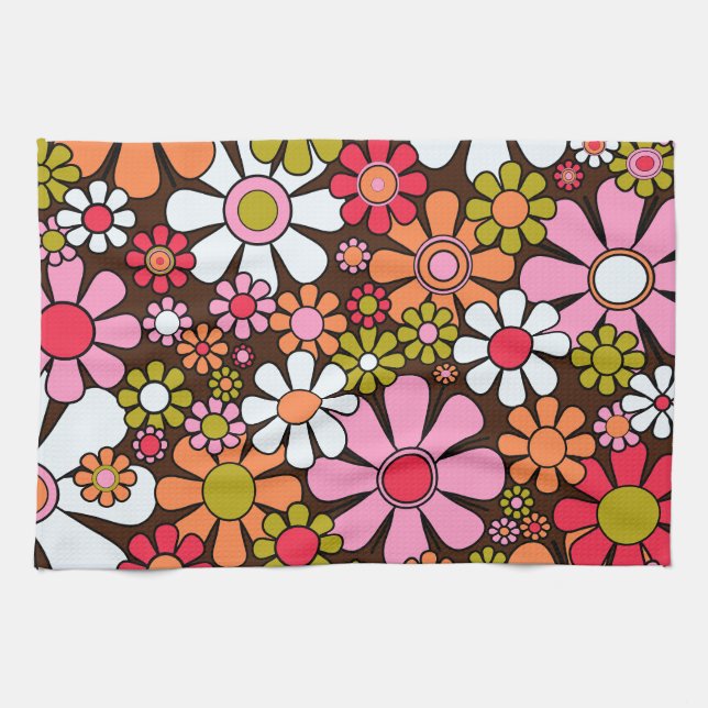 Retro Garden Flowers Groovy 60s 70s Floral Pattern Kitchen Towel (Horizontal)