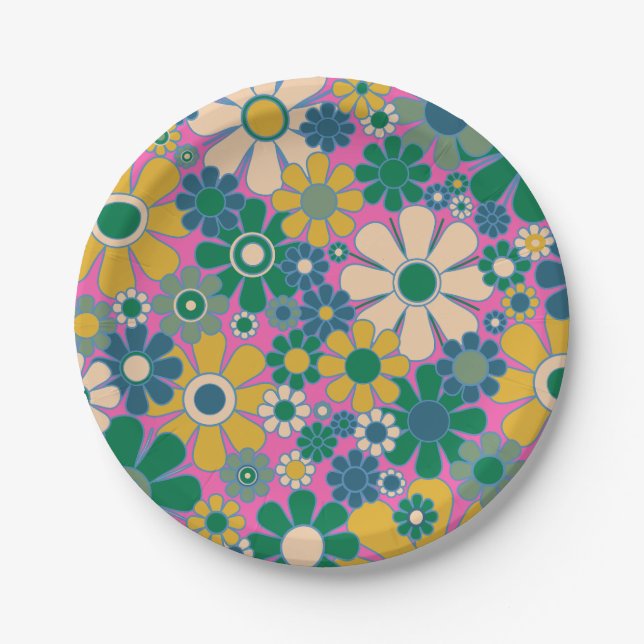 Retro Garden Flowers Groovy 60s 70s Floral Pattern Paper Plates (Front)