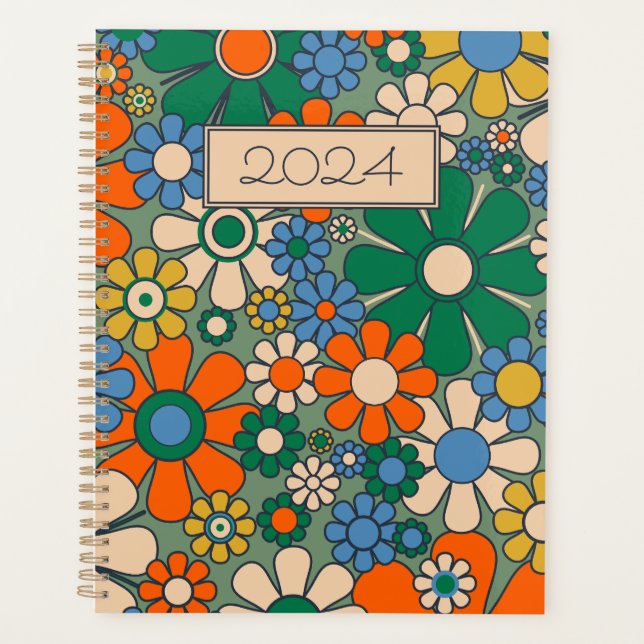 Retro Garden Flowers Groovy 60s 70s Floral Pattern Planner (Front)