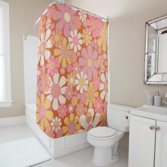 Retro Garden Flowers Groovy 60s 70s Floral Pattern Shower Curtain (In Situ)