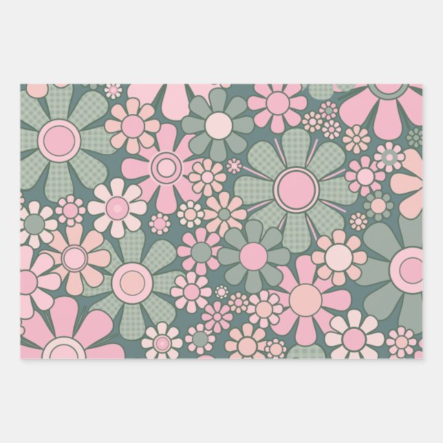 Retro Garden Flowers Groovy 60s 70s Floral Pattern Wrapping Paper Sheets (Front)