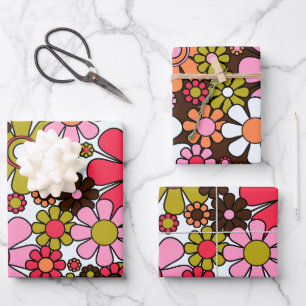 Retro Garden Flowers Groovy 60s 70s Floral Pattern Wrapping Paper Sheets