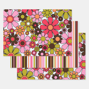 Retro Garden Flowers Groovy 60s 70s Floral Pattern Wrapping Paper Sheets