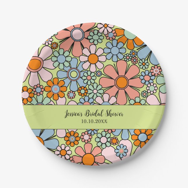Retro Garden Flowers Groovy 60s 70s Personalized Paper Plates (Front)
