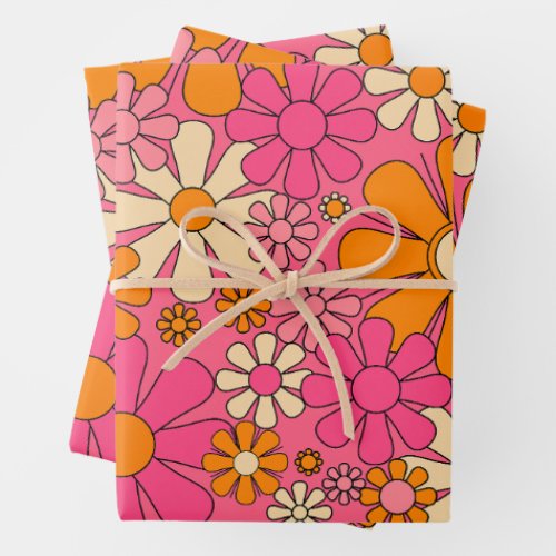 Retro Garden Flowers Groovy 60s 70s Pink Floral  Wrapping Paper Sheets