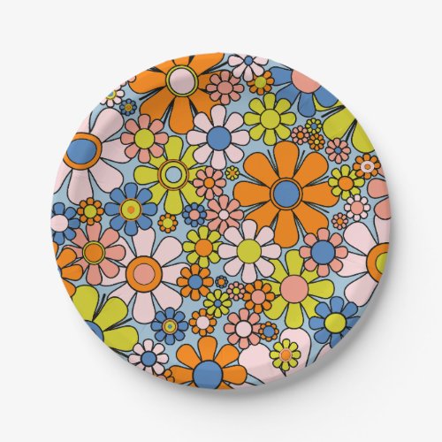 Retro Garden Flowers Groovy 60s 70s Spring Floral  Paper Plates