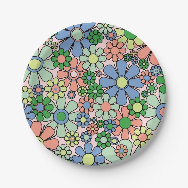Retro Garden Flowers Groovy 60s 70s Spring Floral Paper Plates (Front)