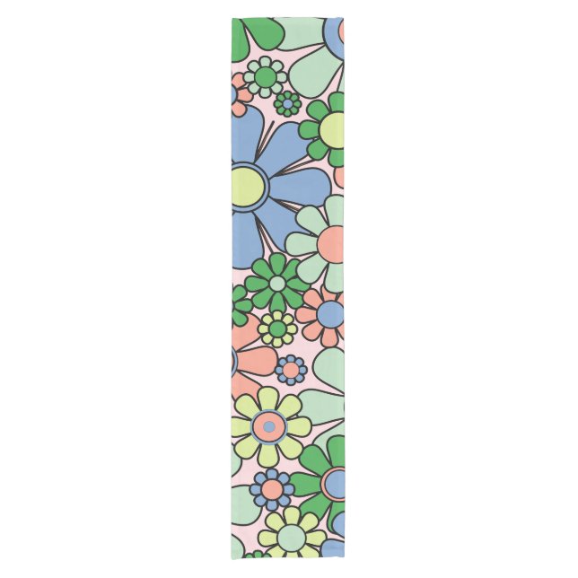 Retro Garden Flowers Groovy 60s 70s Spring Floral Short Table Runner (Front)
