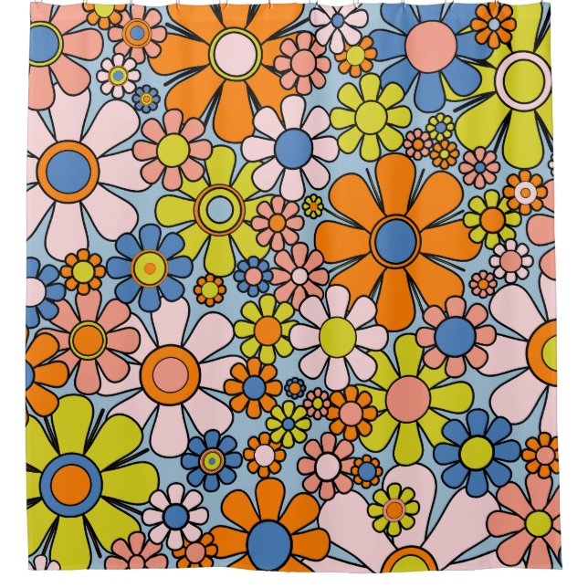 Retro Garden Flowers Groovy 60s 70s Spring Floral  Shower Curtain (Front)