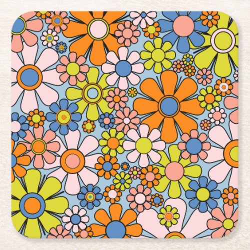 Retro Garden Flowers Groovy 60s 70s Spring Floral Square Paper Coaster