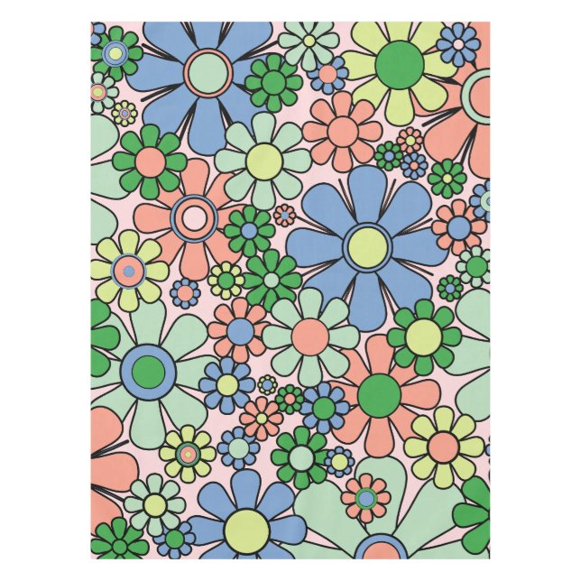 Retro Garden Flowers Groovy 60s 70s Spring Floral Tablecloth (Front)