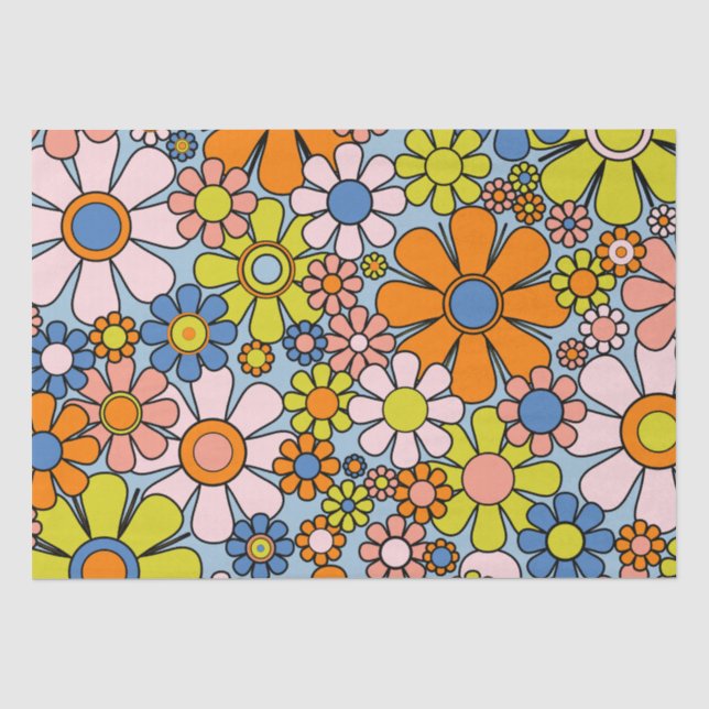 Retro Garden Flowers Groovy 60s 70s Spring Floral Tissue Paper (Front)