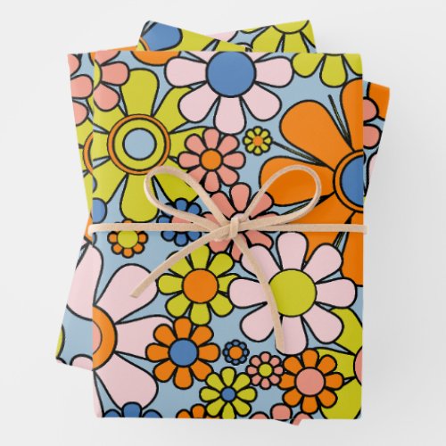 Retro Garden Flowers Groovy 60s 70s Spring Floral Wrapping Paper Sheets