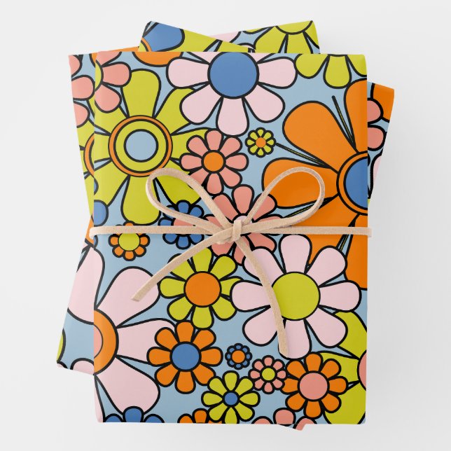 Retro Garden Flowers Groovy 60s 70s Spring Floral Wrapping Paper Sheets (In situ)