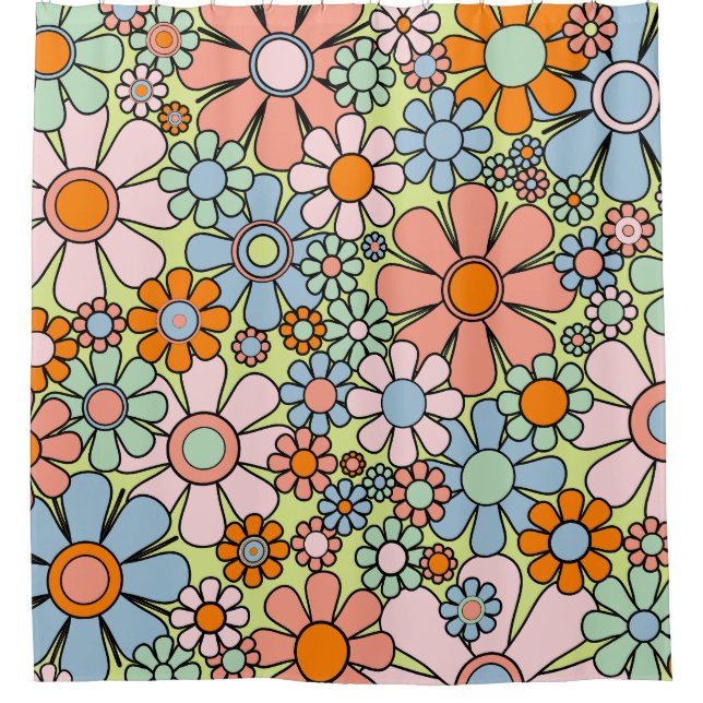 Retro Garden Flowers Groovy 60s 70s Spring Pastel Shower Curtain (Front)