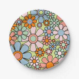 Retro Garden Flowers Groovy 60s 70s Spring Pattern Paper Plates