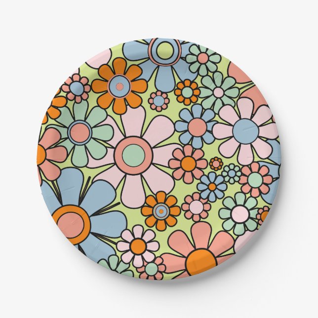 Retro Garden Flowers Groovy 60s 70s Spring Pattern Paper Plates (Front)